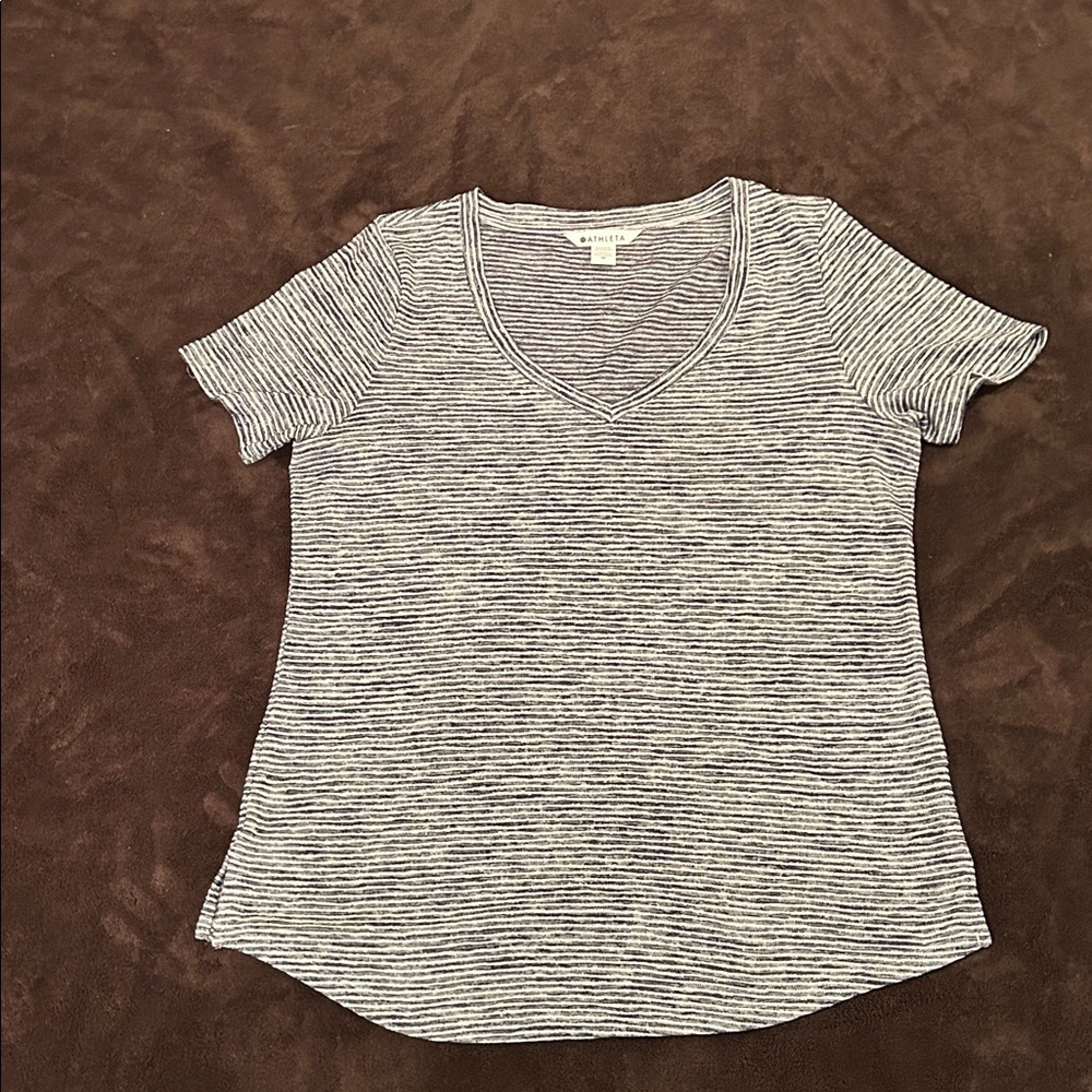 Athleta Black and White Striped V-Neck Tee